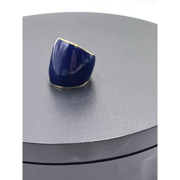Designer Signed Wide Chunky Navy Blue Enamel Gold Tone Ring Sz 7 3/4 - Picture 8 of 8